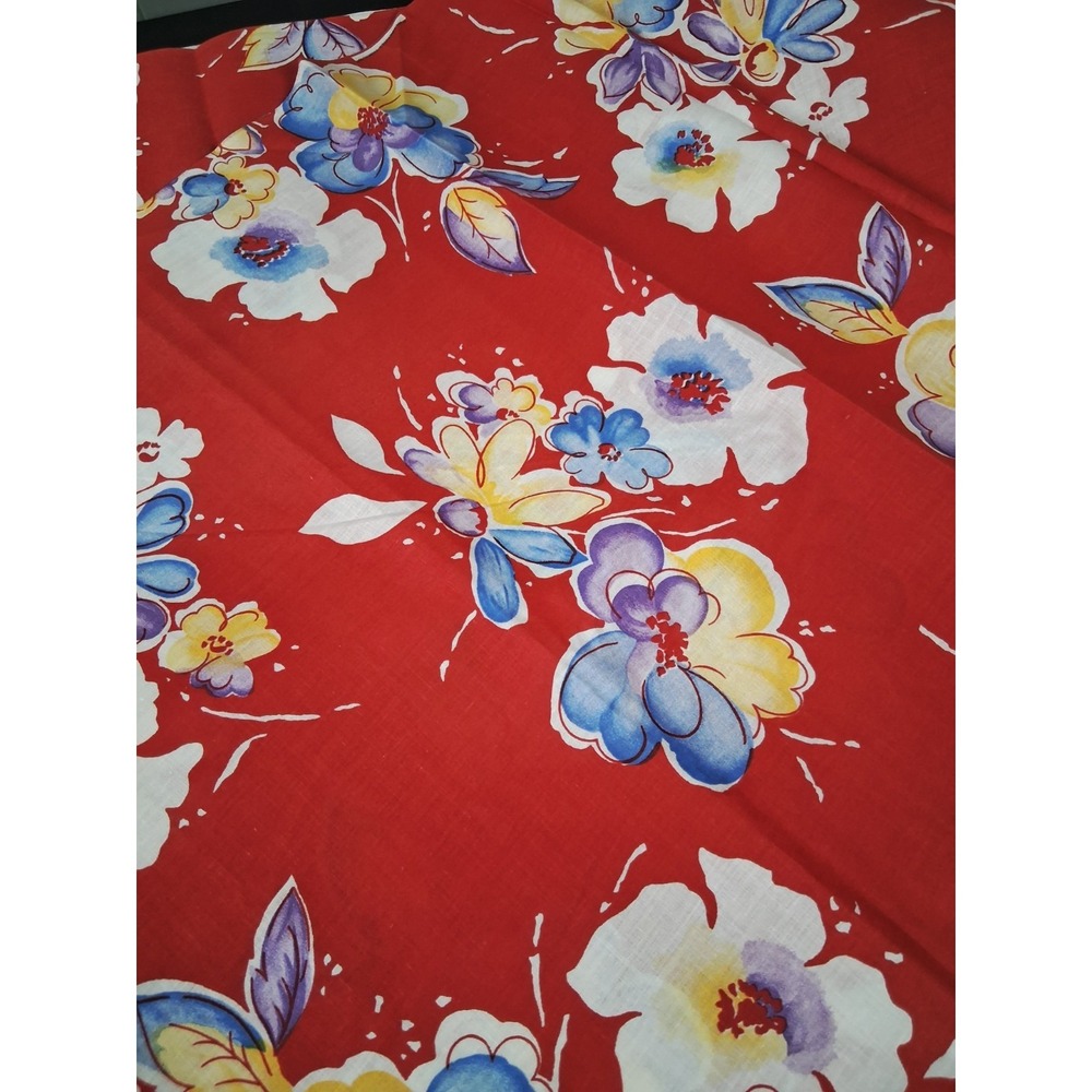 Vintage Ameritex Fabric Red w/ Blue White Florals Cotton Fabric MCM 54 Inches